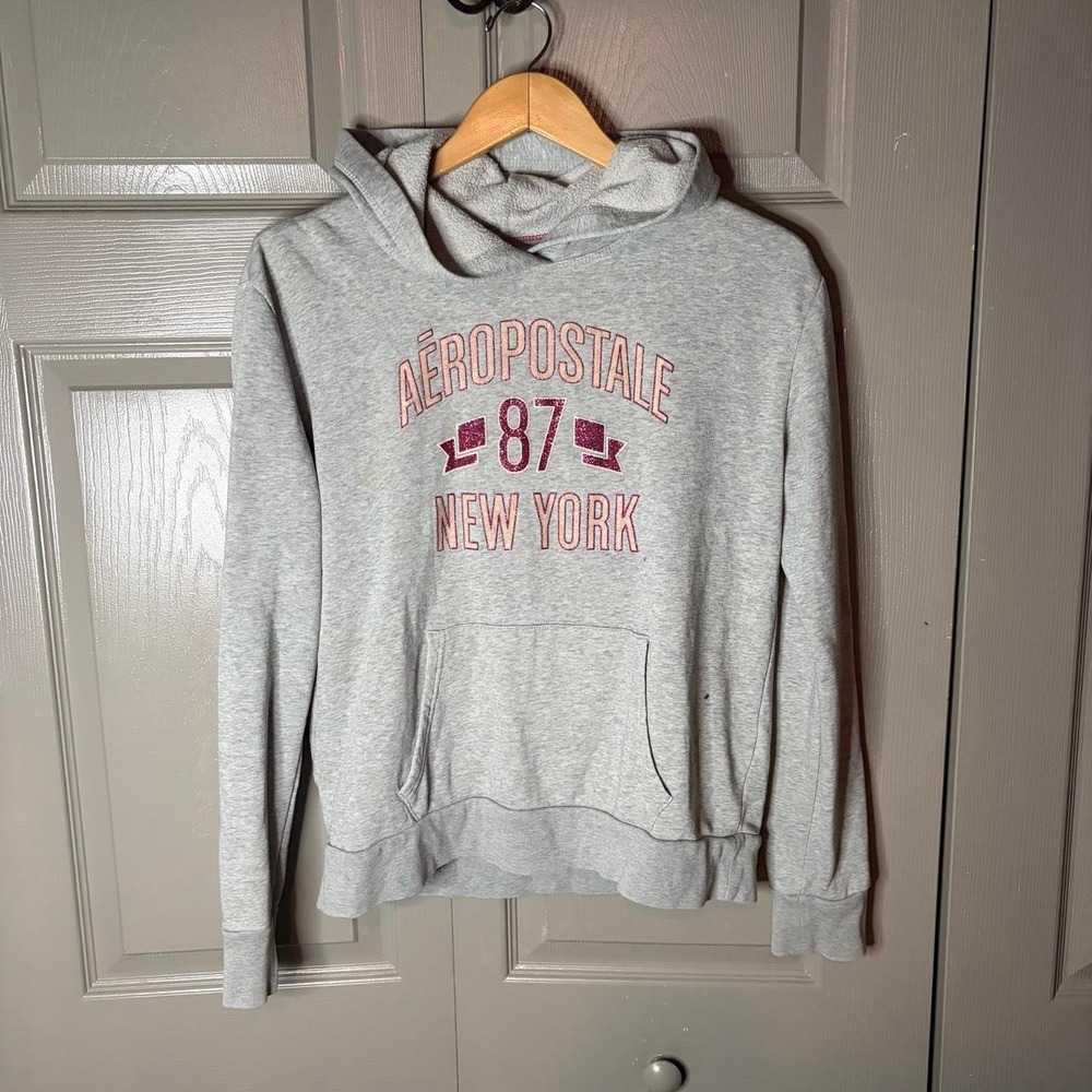 Aeropostale Womens Y2K Grey Pink Glitter 87 New York Pullover Hoodie Large